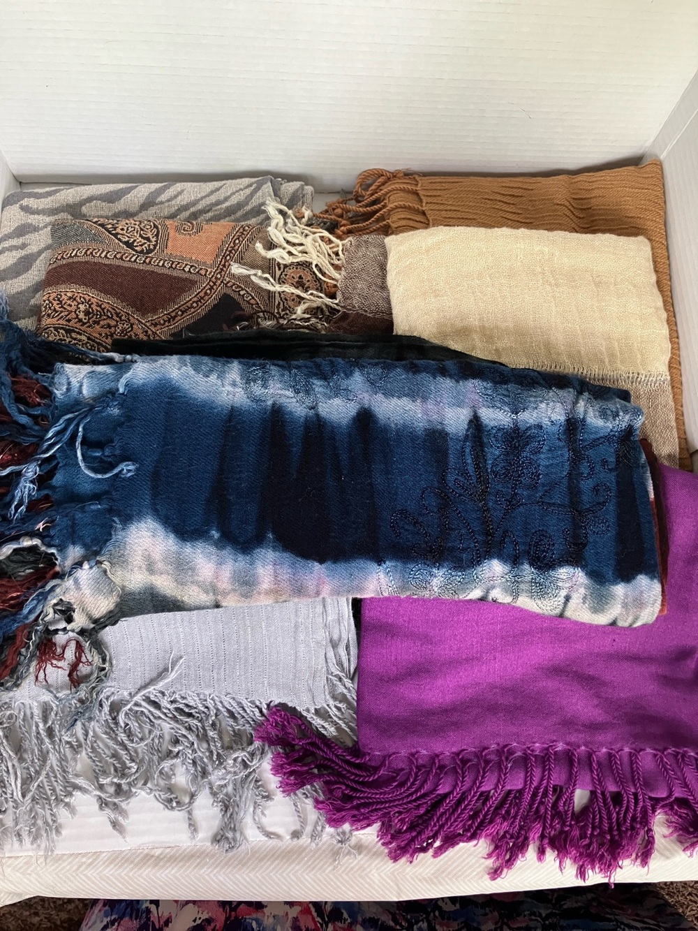 Vintage Bundle (7) Long Scarves - Navy Blue, Purple, Tan, Cream, Gray, Brown
